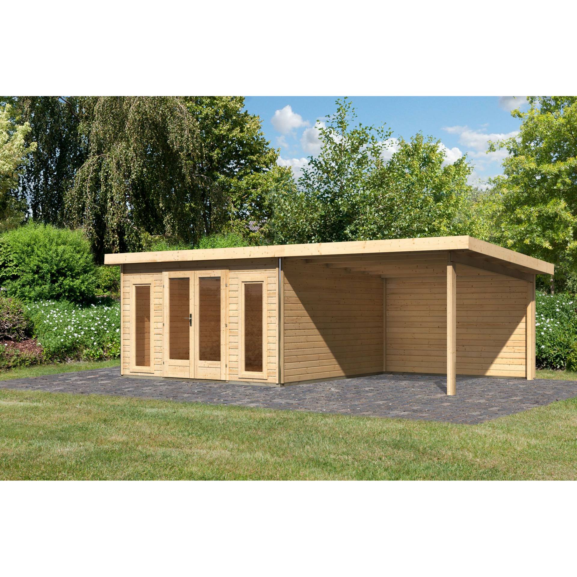 Karibu Premium-Gartenhaus-Set 'Borsuma 3' natur mit Anbaudach und Rückwand 724 x 393 x 229,5 cm von Karibu