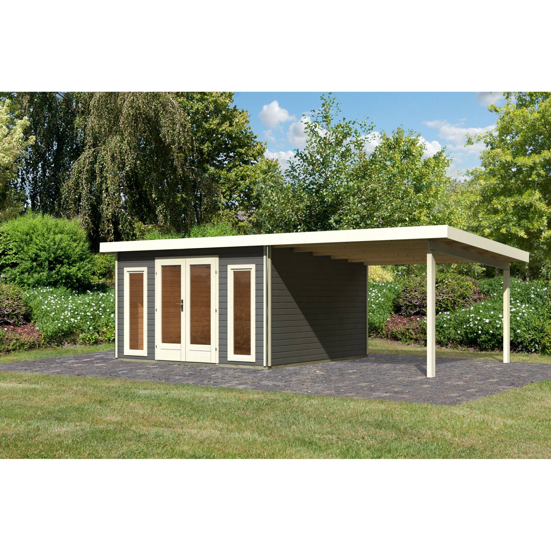 Karibu Premium-Gartenhaus-Set 'Borsuma 3' terragrau mit Anbaudach 724 x 393 x 229,5 cm von Karibu