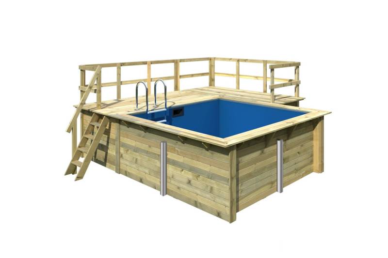 Karibu Rechteck Pool Gr. 1 - 350 x 320 cm - kesseldruckimprägniert Sparset mit Filteranlage Grundkörper inkl. Terrasse am Einstieg und seitlich von Karibu