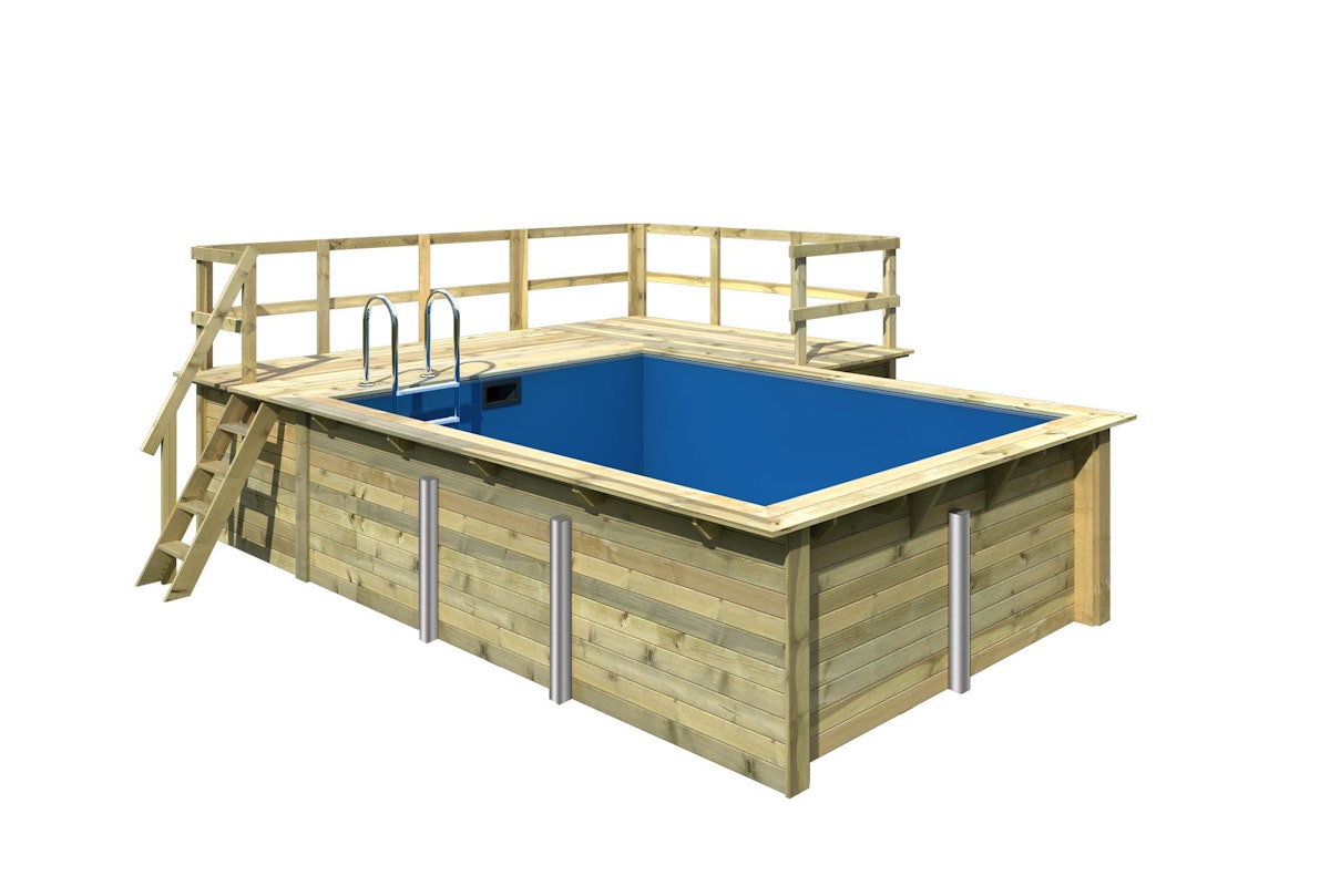 Karibu Rechteck Pool Gr. 2 - 350 x 440 cm - kesseldruckimprägniert Sparset mit Filteranlage Grundkörper inkl. Terrasse am Einstieg und seitlich von Karibu