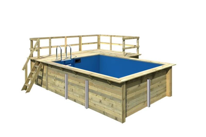 Karibu Rechteck Pool Gr. 2 - 350 x 440 cm - kesseldruckimprägniert Sparset mit Filteranlage Grundkörper inkl. Terrasse am Einstieg und seitlich von Karibu