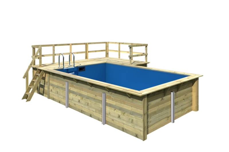 Karibu Rechteck Pool Gr. 3 - 350 x 530 cm - kesseldruckimprägniert Sparset mit Filteranlage Grundkörper inkl. Terrasse am Einstieg und seitlich von Karibu
