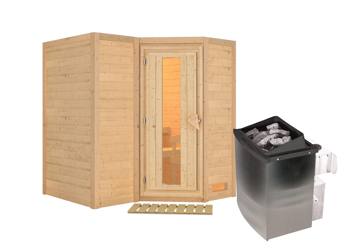 Karibu Sahib 1-Sauna 40mm-Fronteinstieg -Exklusivoptik-9 kW Ofen integr. Steuerung-ohne Dachkranz-Energiesparende Saunatür mit Glaseinsatz inkl. gratis Sauna-Pflegebox & Bluetooth Lautsprecher von Karibu