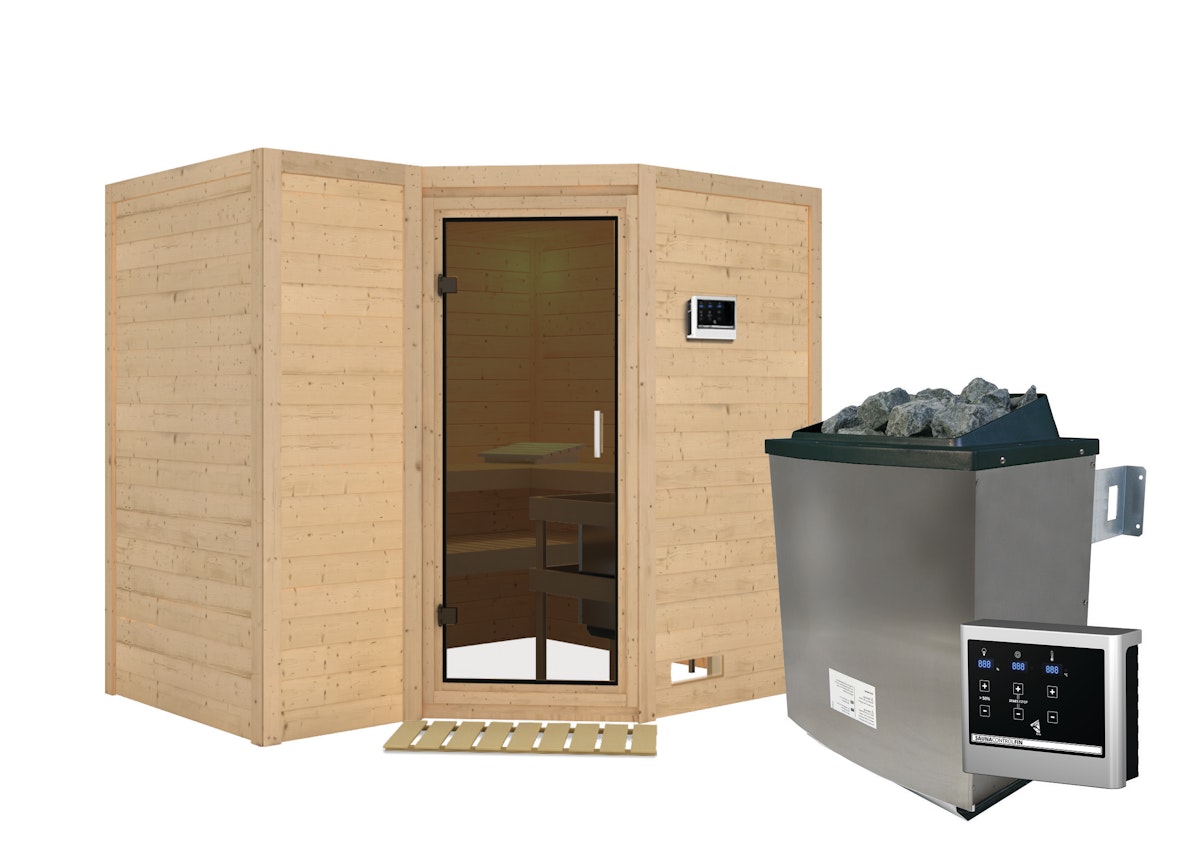 Karibu Sahib 2-Sauna 40mm -Eckeinstieg - Exklusivoptik-9 kW Ofen inkl. Steuergerät-ohne Dachkranz-Ganzglastür in Graphit-Optik von Karibu