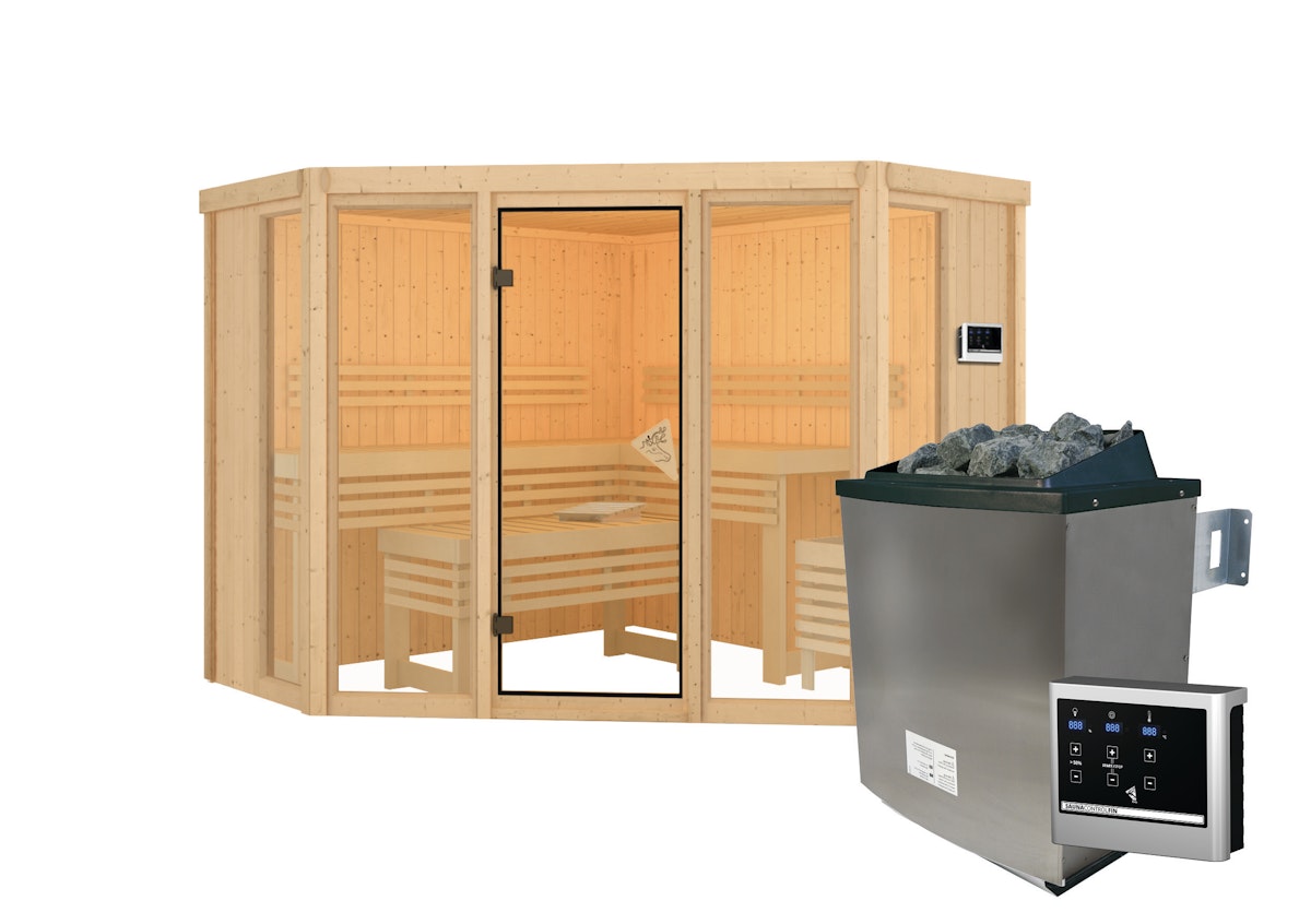 Karibu Sauna Alcinda 2 Superior mit Eckeinstieg 68 mm Ohne Dachkranz 9 kW Ofen inkl. Steuergerät von Karibu