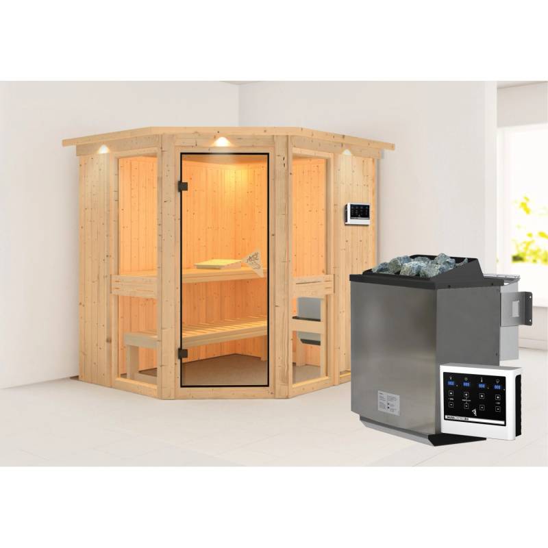 Karibu Sauna Anina 1 mit Bio-Ofen externe Stg.LED-Dachkranz Natur von Karibu