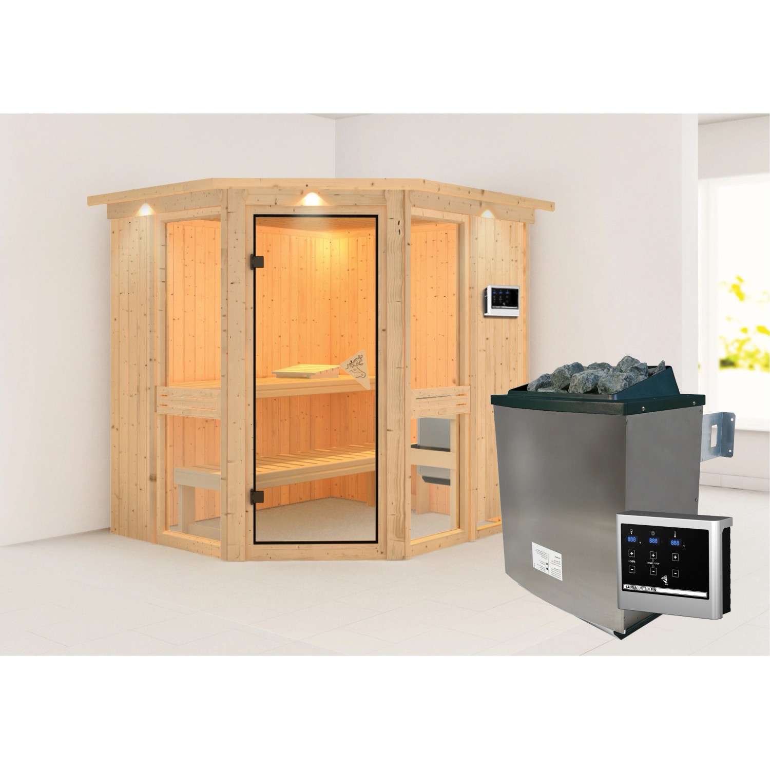 Karibu Sauna Anina 1 mit Ofen externe Stg.LED-Dachkranz Natur von Karibu