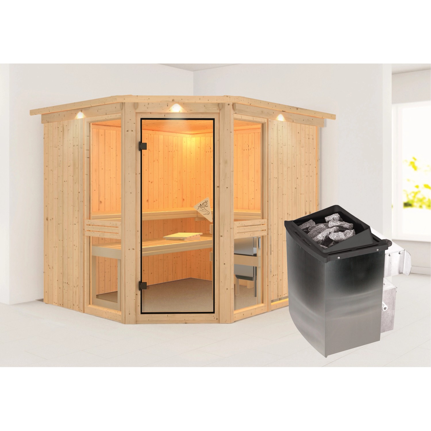 Karibu Sauna Anina 3 mit Ofen intergrierte Stg.LED-Dachkranz Natur von Karibu