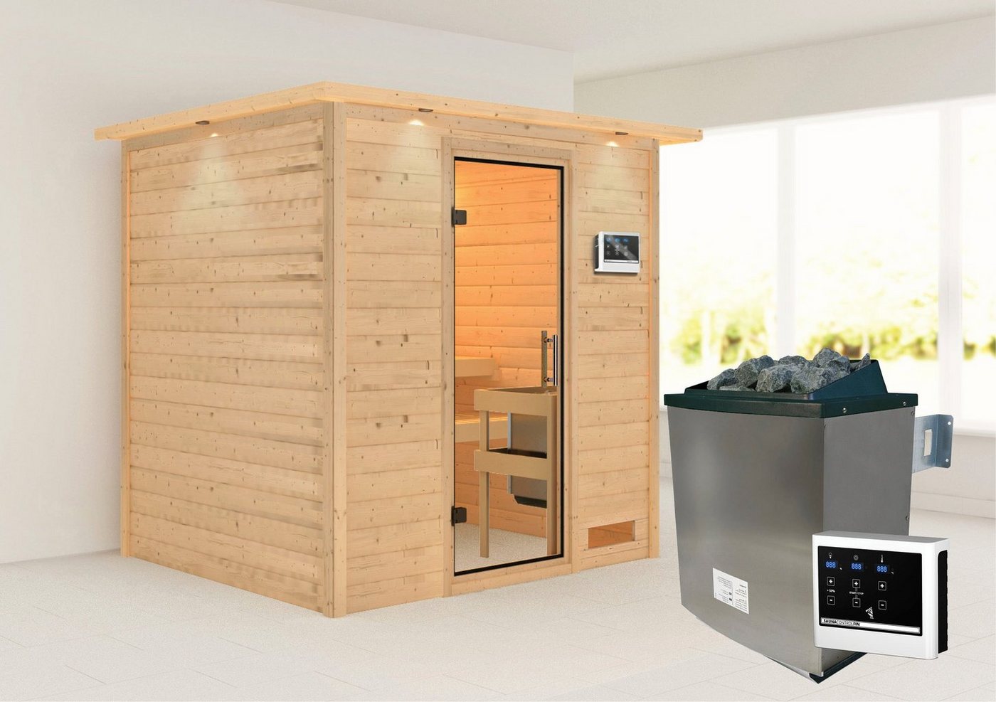 Karibu Sauna Anja (Fronteinstieg), BxTxH: 2240 x 1840 x 2020 cm, 38 mm, inklusive Ofenschutzgitter und Tür von Karibu