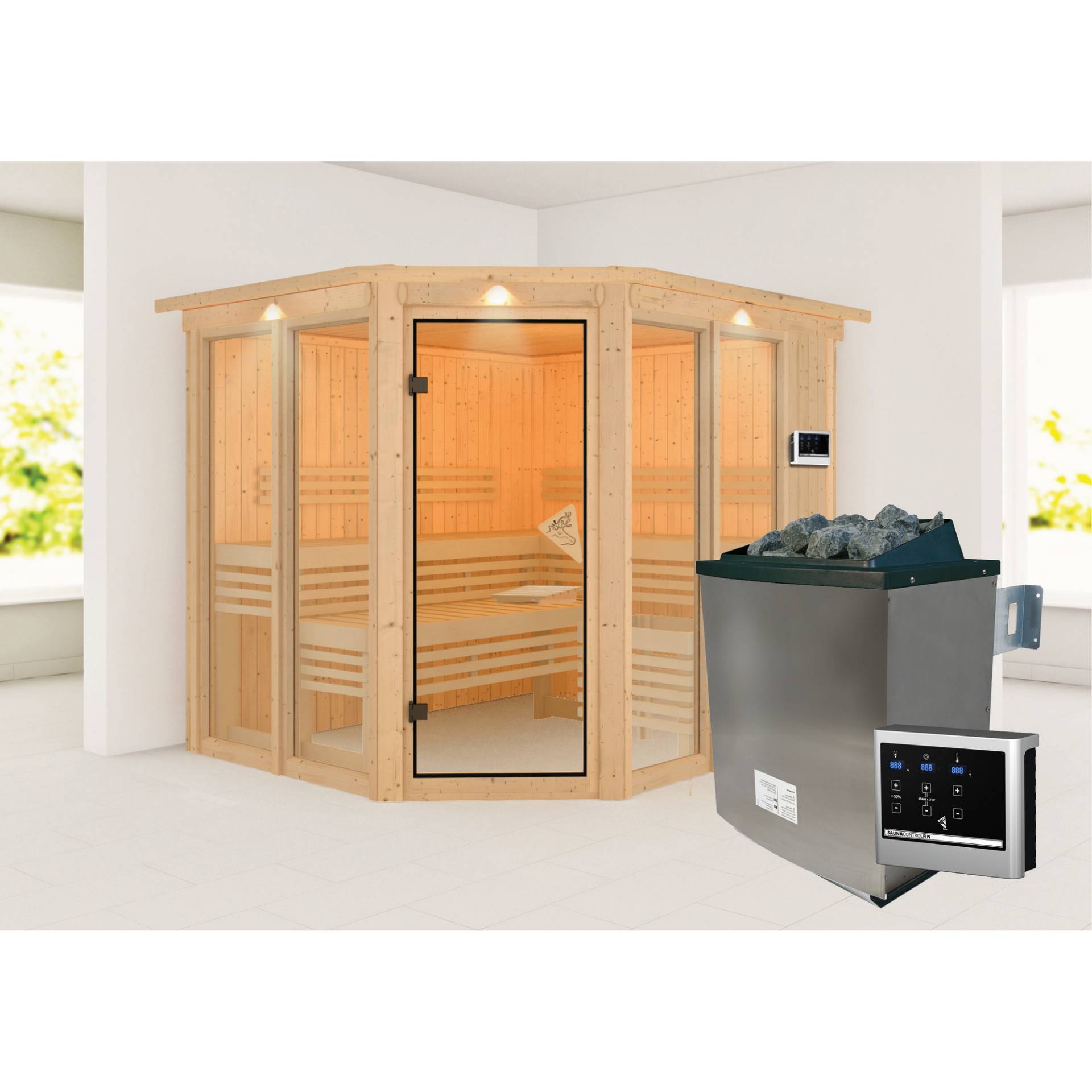 Karibu Sauna 'Ariadna 3' naturbelassen mit Kranz und bronzierter Tür 9 kW Ofen externe Steuerung 245 x 210 x 202 cm von Karibu