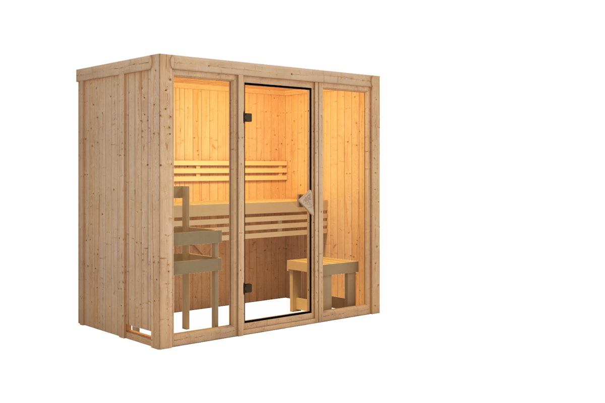 Karibu Sauna Avari 2 Superior mit Fronteinstieg 68 mm - 230 Volt Plug & Play Ohne Dachkranz Ohne Ofen von Karibu