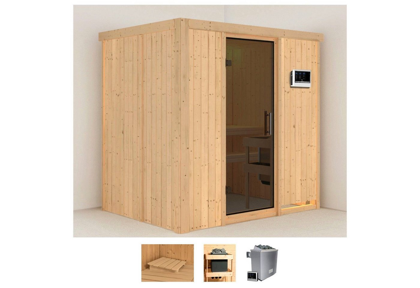Karibu Sauna Bedine, BxTxH: 196 x 151 x 198 cm, 68 mm, (Set) 9 KW-Ofen mit externer Steuerung von Karibu