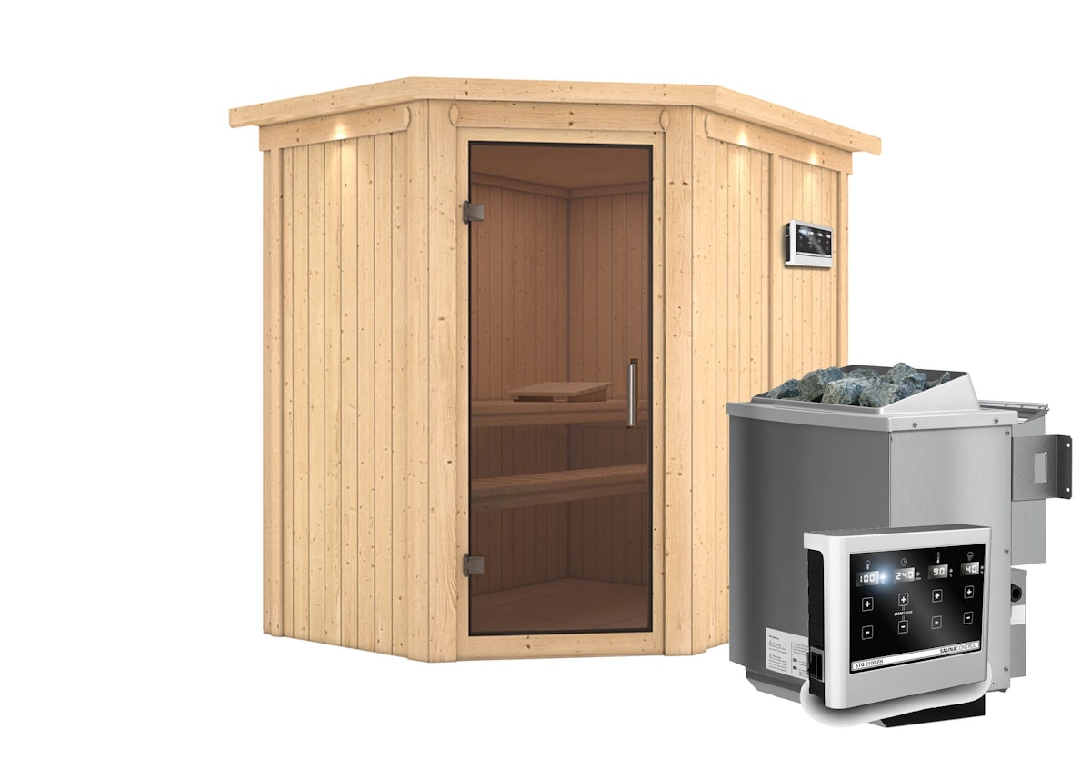 Karibu Sauna Carin mit Eckeinstieg 68 mm-9 kW Bio-Kombiofen inkl. Steuergerät-inkl. Dachkranz-Ganzglastür in Graphit-Optik von Karibu