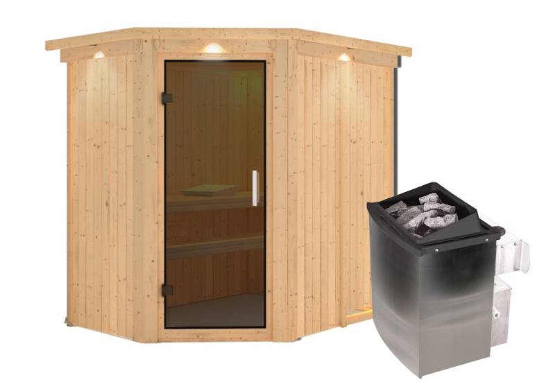 Karibu Sauna Carin mit Eckeinstieg 68 mm-9 kW Ofen integr. Steuerung-inkl. Dachkranz-Ganzglastür in Graphit-Optik von Karibu