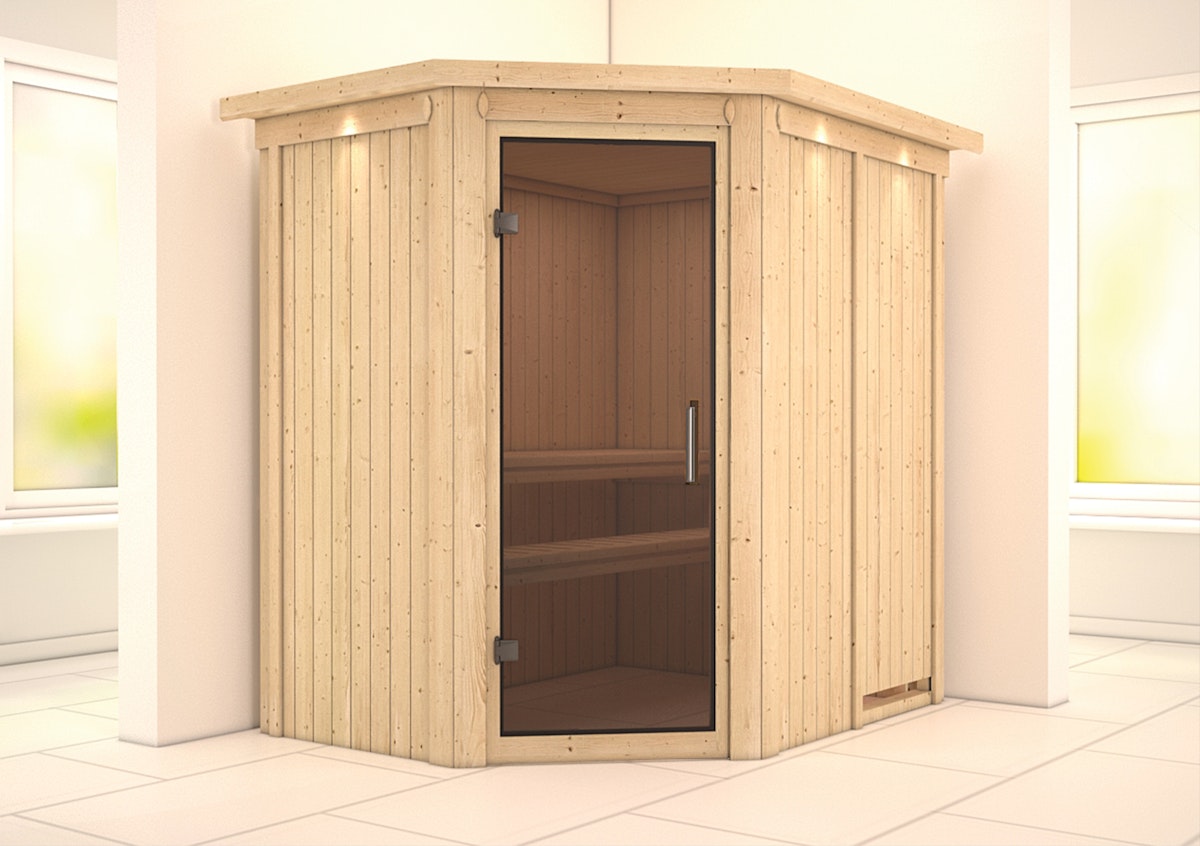 Karibu Sauna Carin mit Eckeinstieg 68 mm-Ohne Ofen-inkl. Dachkranz-Ganzglastür in Graphit-Optik von Karibu