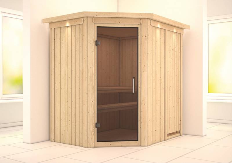 Karibu Sauna Carin mit Eckeinstieg 68 mm-Ohne Ofen-inkl. Dachkranz-Ganzglastür in Graphit-Optik von Karibu