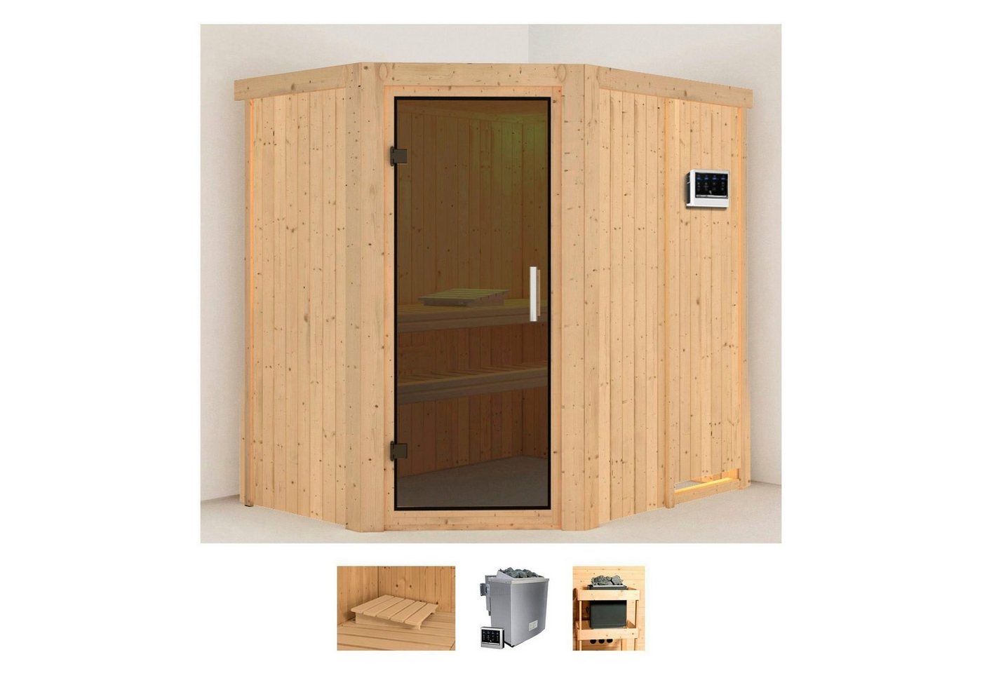 Karibu Sauna Clara, BxTxH: 151 x 196 x 198 cm, 68 mm, (Set) 9 KW-Bio-Ofen mit externer Steuerung von Karibu