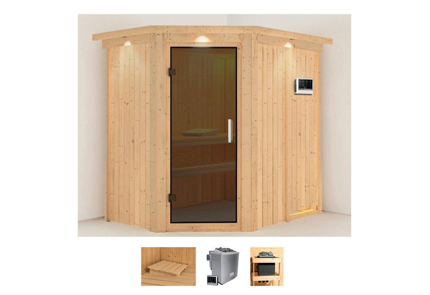 Karibu Sauna Clara, BxTxH: 165 x 210 x 202 cm, 68 mm, (Set) 9 KW-Bio-Ofen mit externer Steuerung von Karibu