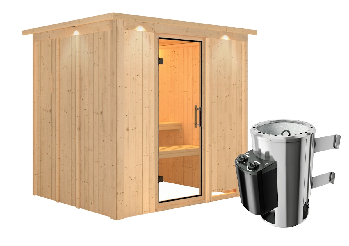 Karibu Sauna Daria - 68 mm Systemsauna - 230 Volt Plug & Play-3,6 kW Plug&Play Ofen mit integrierter Steuerung-Inkl. Dachkranz-Klarglas Ganzglastür von Karibu