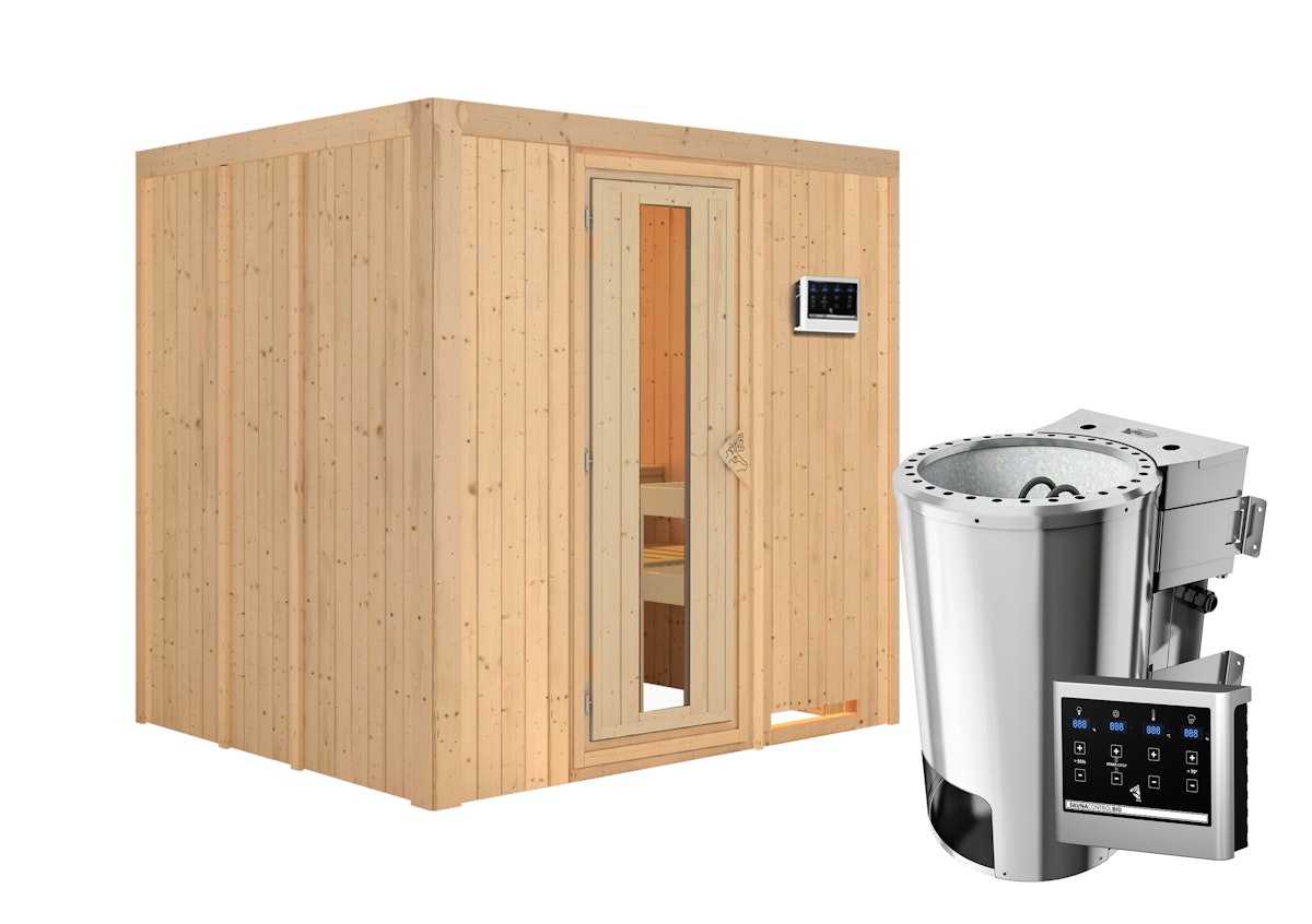 Karibu Sauna Daria - 68 mm Systemsauna - 230 Volt Plug & Play-3,6kW Plug&Play Bio-Kombiofen externer Steuerung Easy-Ohne Dachkranz-Energiesparende Saunatür mit Glaseinsatz inkl. 9-teiligem gratis Zubehörpaket (Gesamtwert 271,91€) von Karibu