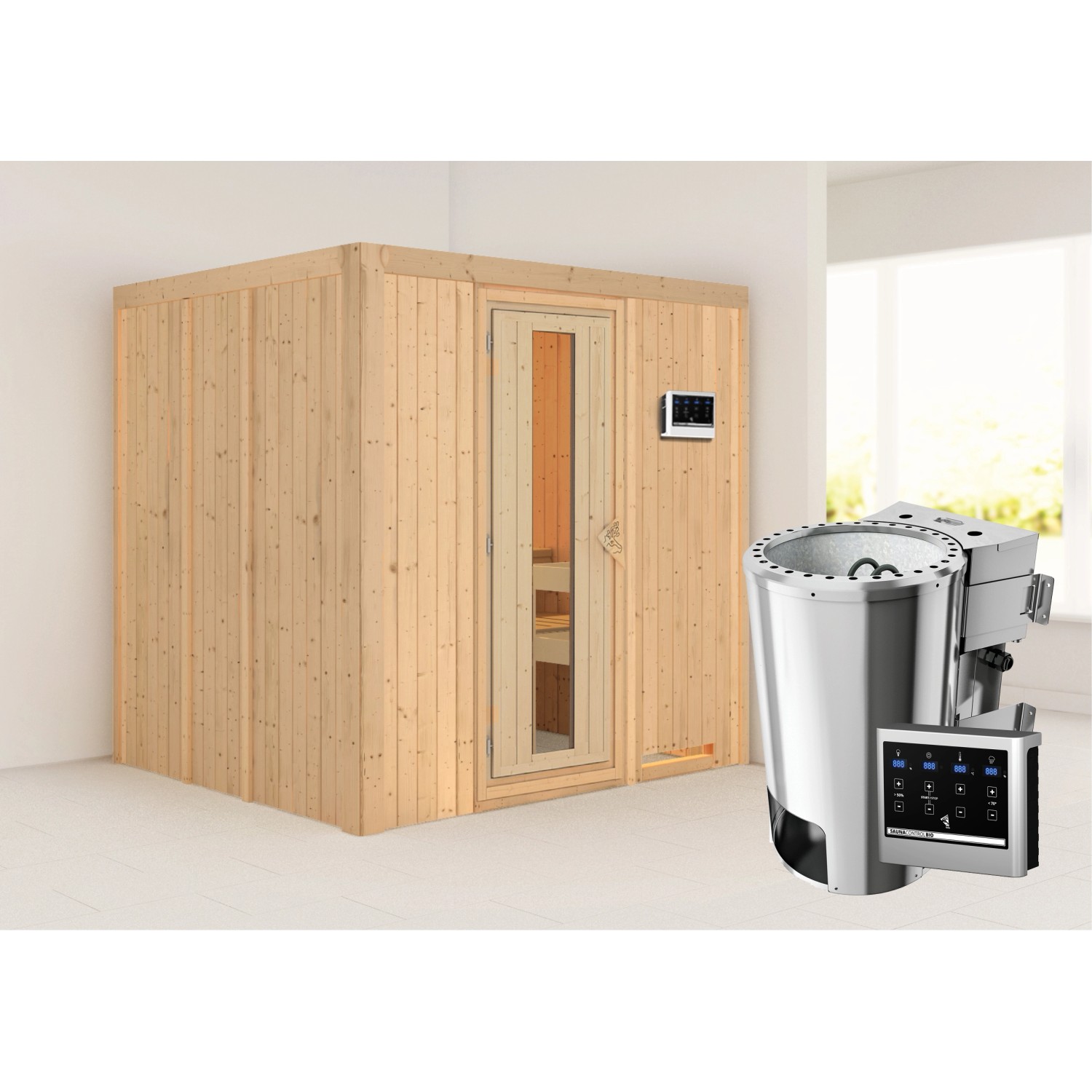 Karibu Sauna Dilja mit Bio-Ofen externe Stg.Easy Natur von Karibu