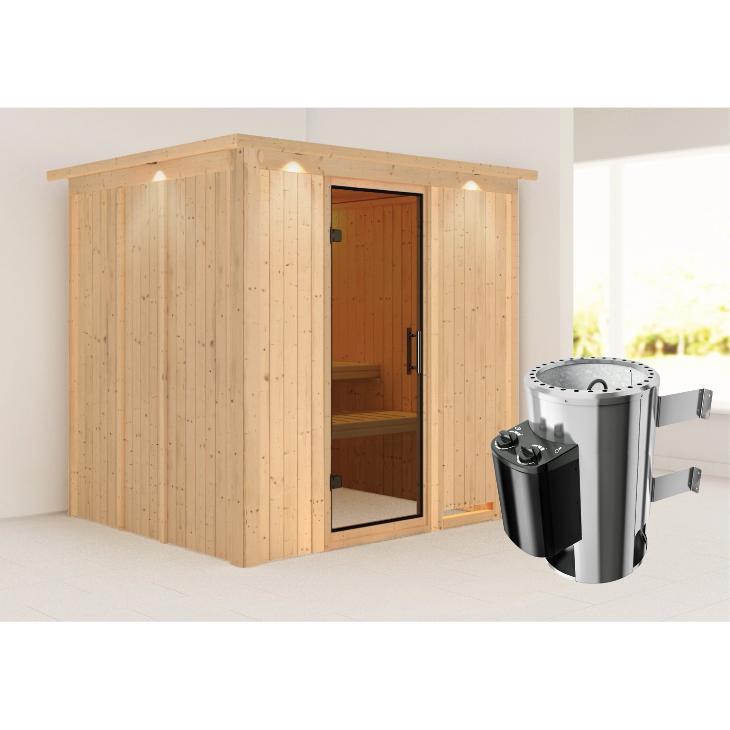 Karibu Sauna Dilja mit Ofen integrierte Stg.LED-Dachkranz Natur Karibu Sauna Dilja mit Ofen integrierte Stg.LED-Dachkranz Natur von Karibu