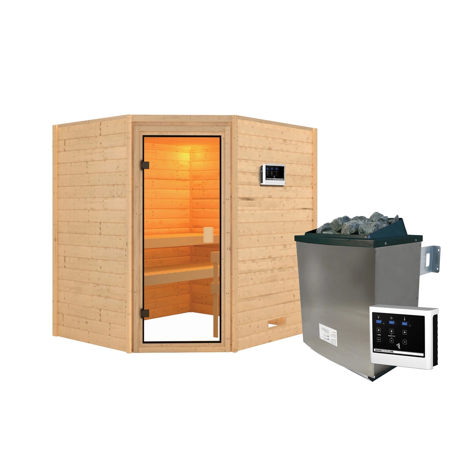 Karibu Sauna Elea Set Naturbelassen mit Ofen 9 kW ext. Steuerung Karibu Sauna Elea Set Naturbelassen mit Ofen 9 kW ext. Steuerung von Karibu