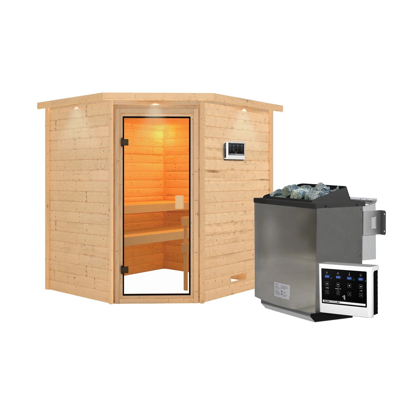 Karibu Sauna Elea mit Kranz Set Naturbelassen mit Ofen 9 kW Bio ext. Steuerung Karibu Sauna Elea mit Kranz Set Naturbelassen mit Ofen 9 kW Bio ext. Steuerung von Karibu