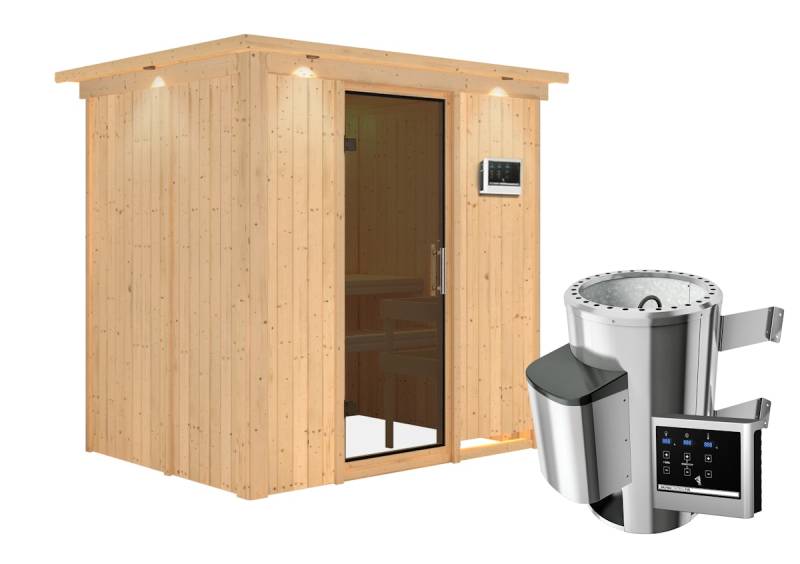 Karibu Sauna Fanja - 68 mm Systemsauna - 230 Volt Plug & Play-3,6 kW Plug&Play Ofen mit ext. Steuerung Easy-Inkl. Dachkranz-Ganzglastür in Graphit-Optik von Karibu