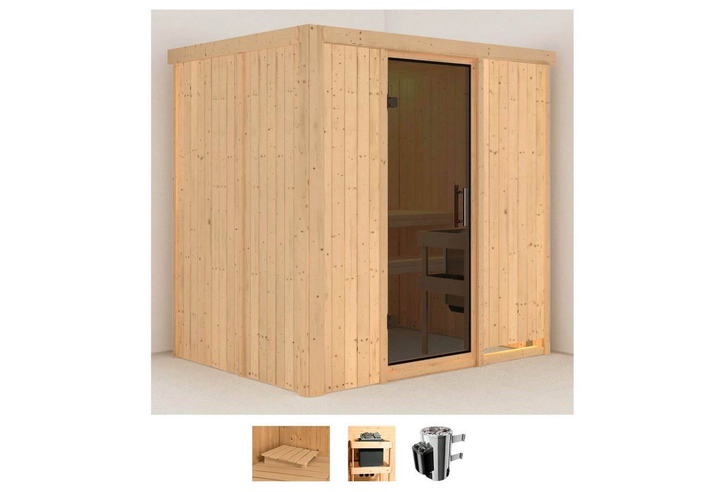 Karibu Sauna Finja, BxTxH: 196 x 151 x 198 cm, 68 mm, (Set) 3,6-kW-Plug & Play Ofen mit integrierter Steuerung von Karibu