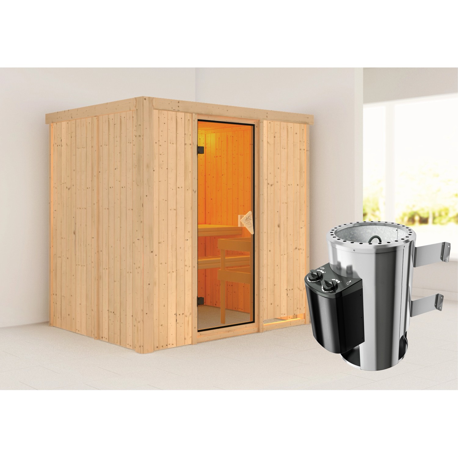 Karibu Sauna Finja mit Ofen intergrierte Stg.Natur Karibu Sauna Finja mit Ofen intergrierte Stg.Natur von Karibu