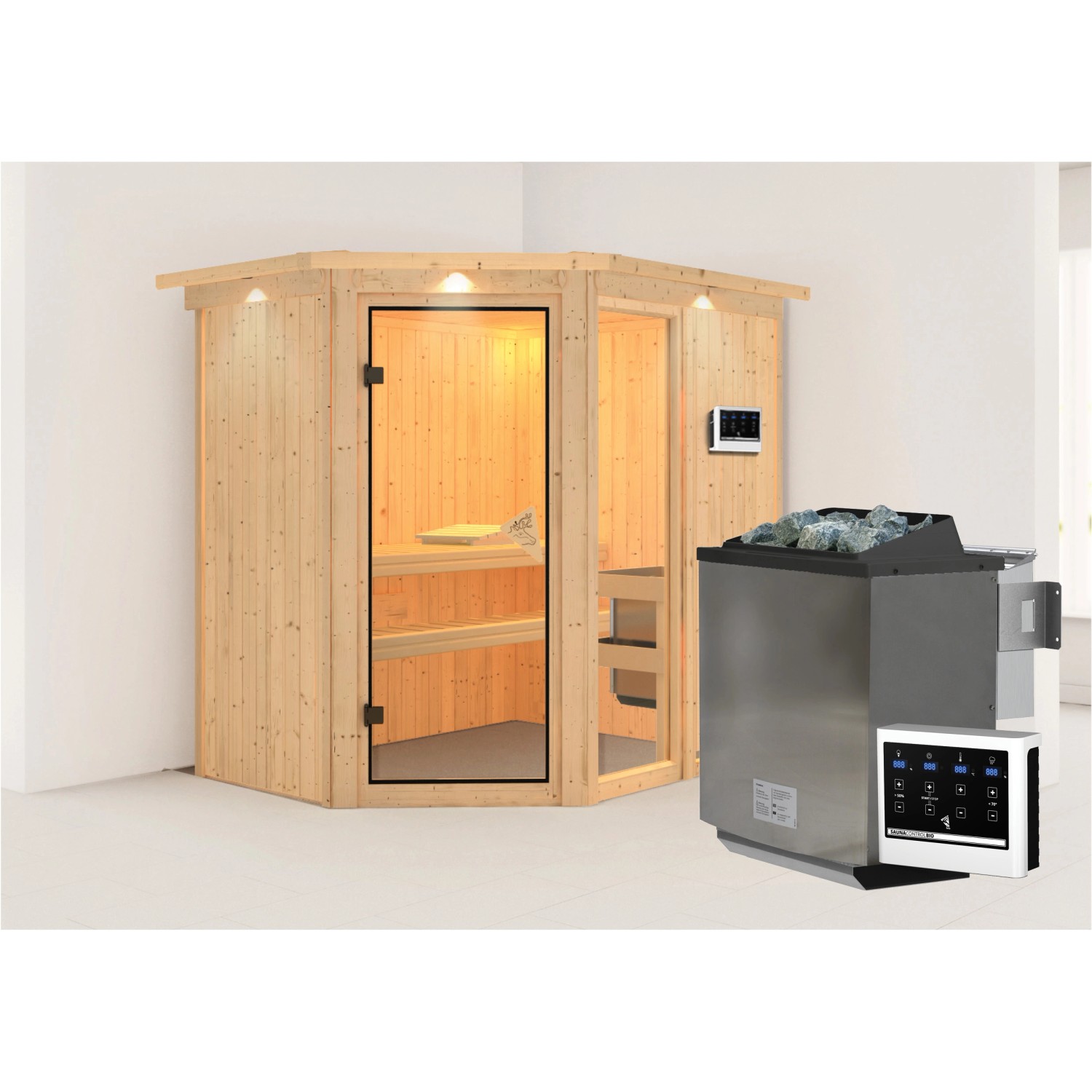 Karibu Sauna Freyja 1 mit Bio-Ofen externe Stg.LED-Dachkranz Natur von Karibu