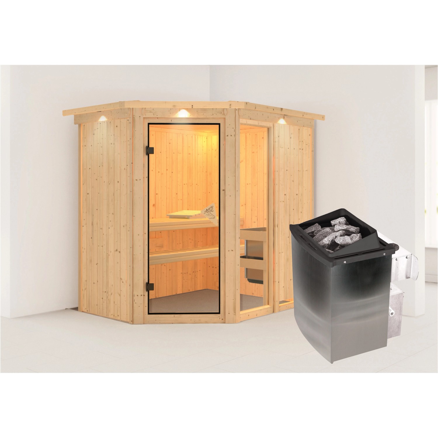 Karibu Sauna Freyja 1 mit Ofen intergrierte Stg.LED-Dachkranz Natur Karibu Sauna Freyja 1 mit Ofen intergrierte Stg.LED-Dachkranz Natur von Karibu