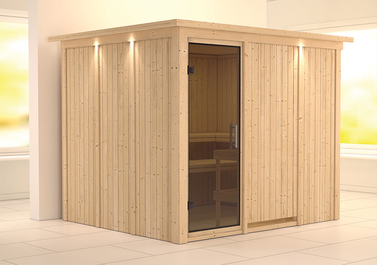 Karibu Sauna Gobin mit Fronteinstieg 68 mm-Ohne Ofen-inkl. Dachkranz-Ganzglastür in Graphit-Optik von Karibu