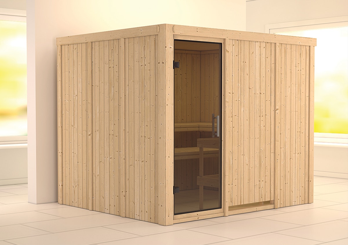 Karibu Sauna Gobin mit Fronteinstieg 68 mm-Ohne Ofen-ohne Dachkranz-Ganzglastür in Graphit-Optik von Karibu