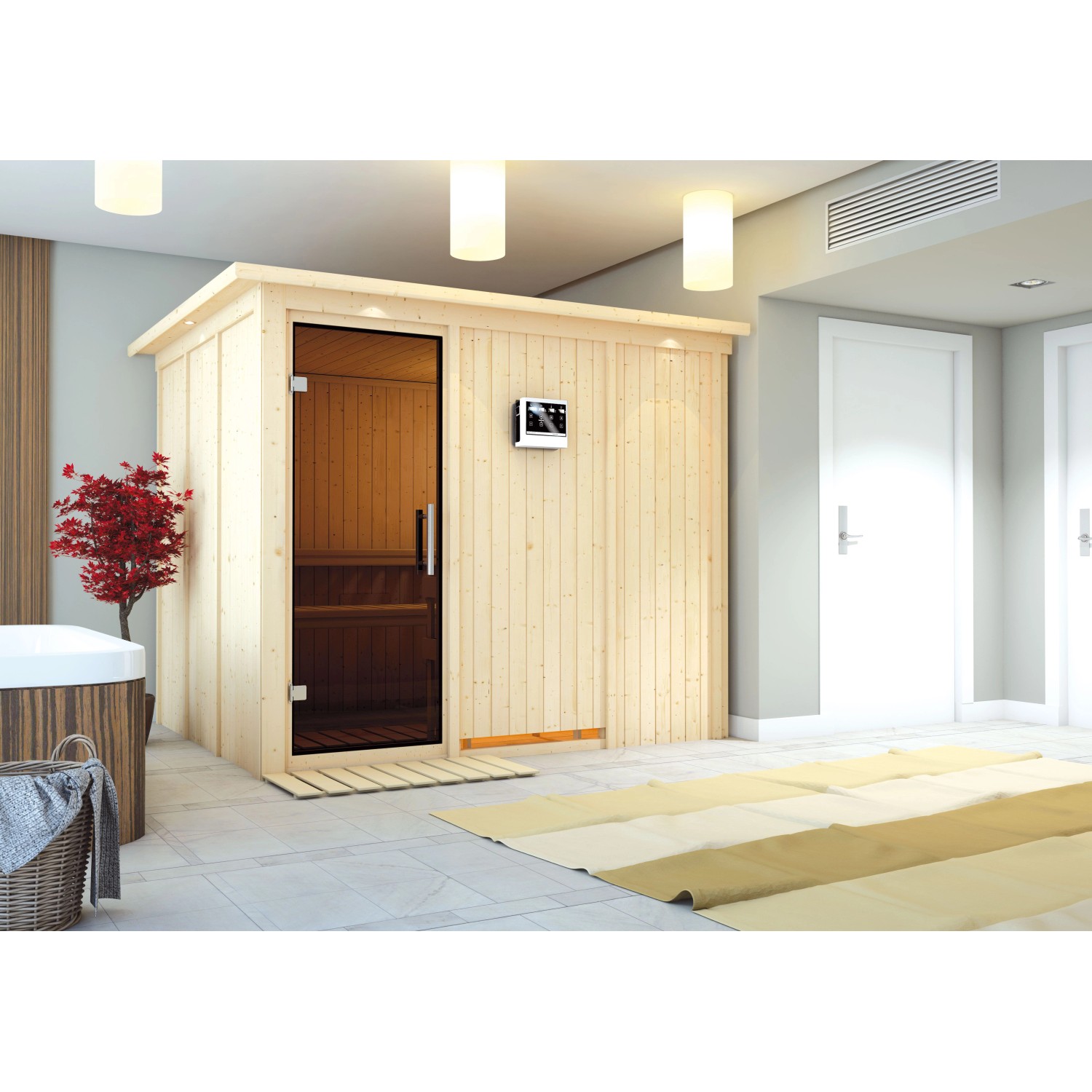 Karibu Sauna Gunda mit Bio-Ofen m. mit Ofen externe Stg.LED-Dachkranz Gr Natur Karibu Sauna Gunda mit Bio-Ofen m. mit Ofen externe Stg.LED-Dachkranz Gr Natur von Karibu