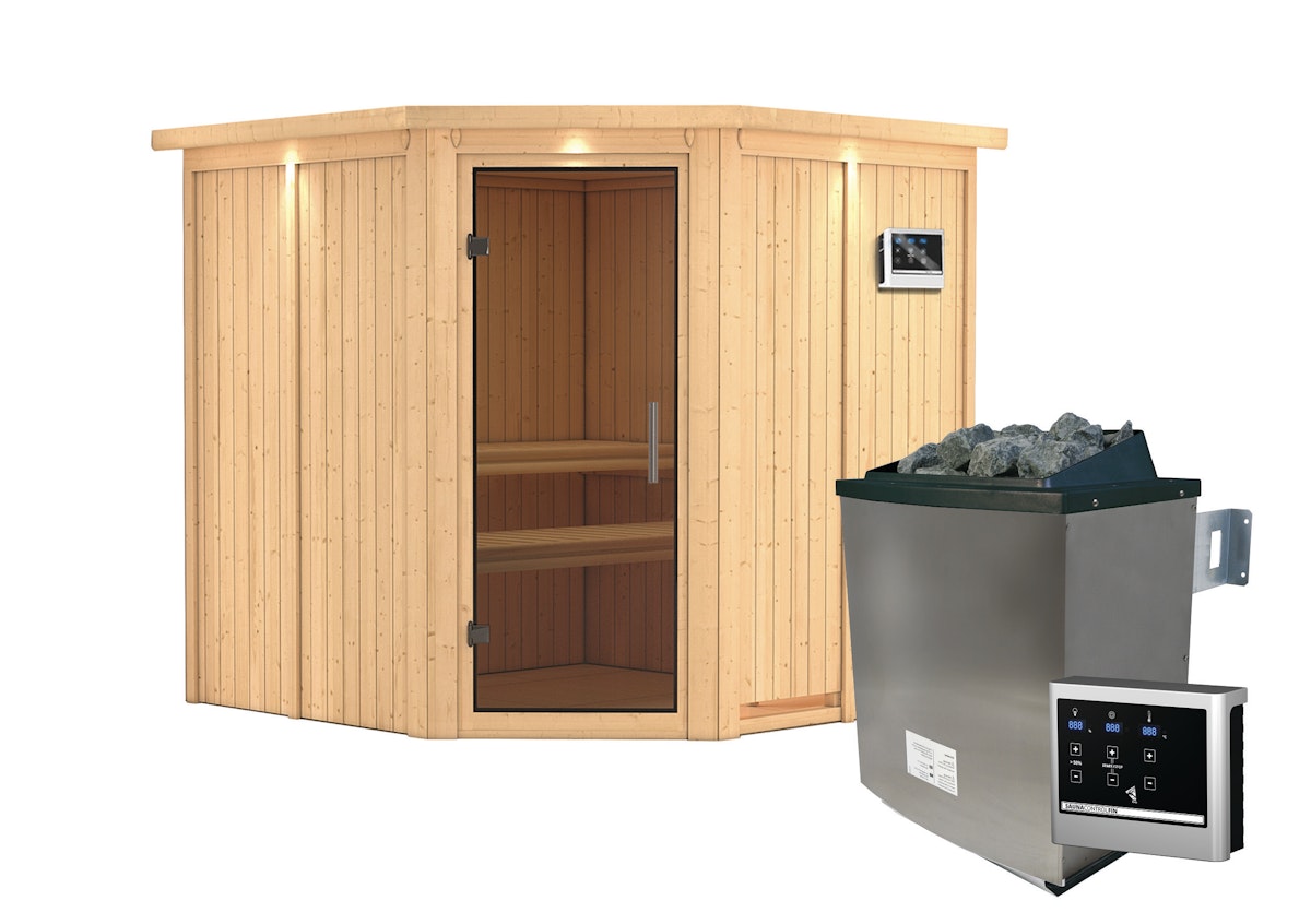Karibu Sauna Jarin mit Eckeinstieg 68 mm-9 kW Ofen inkl. Steuergerät-inkl. Dachkranz-Ganzglastür in Graphit-Optik von Karibu
