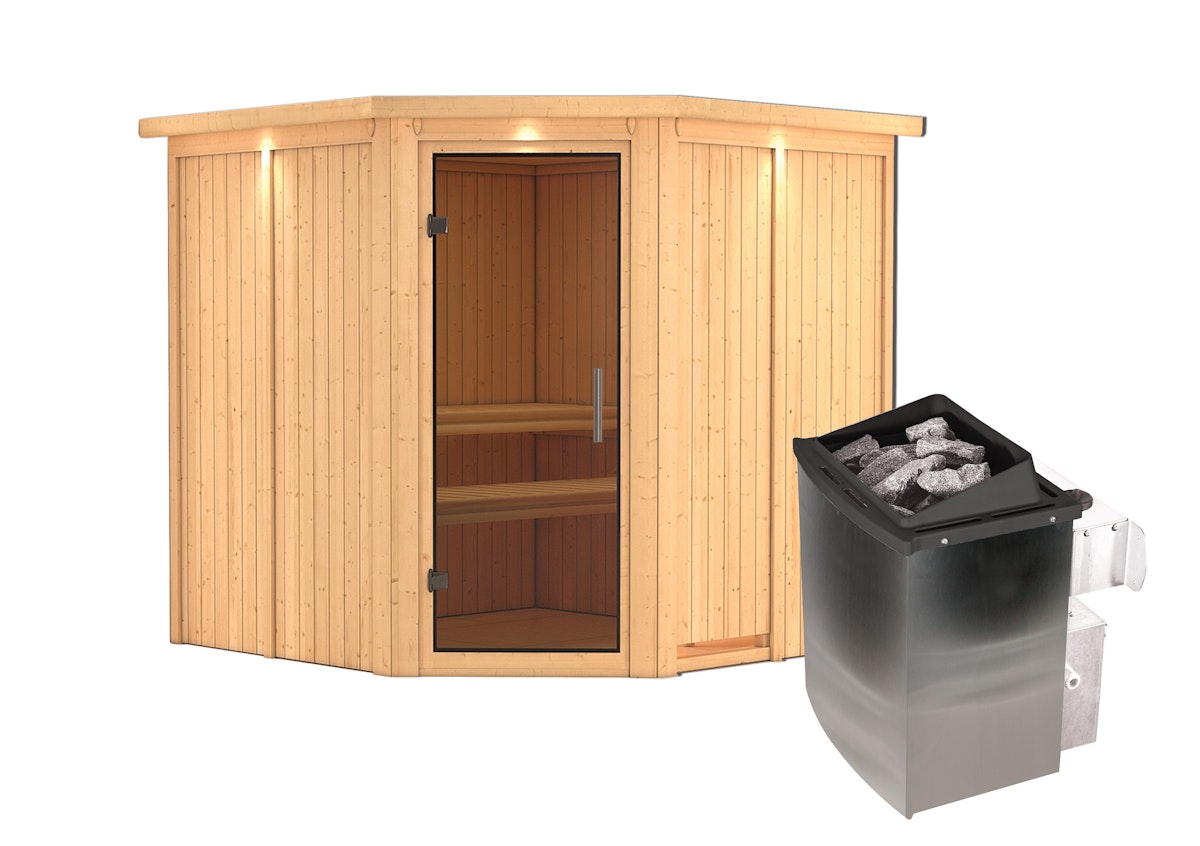 Karibu Sauna Jarin mit Eckeinstieg 68 mm-9 kW Ofen integr. Steuerung-inkl. Dachkranz-Ganzglastür in Graphit-Optik von Karibu