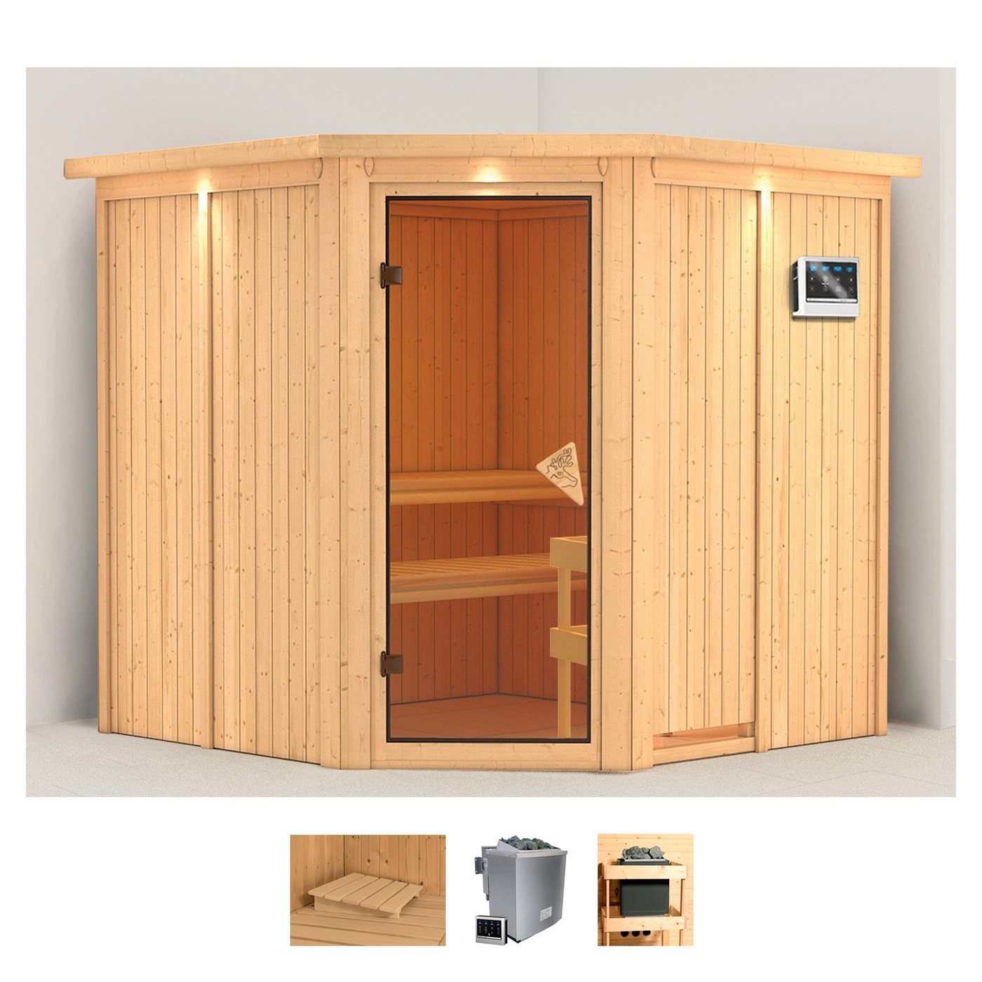 Karibu Sauna Jarla, BxTxH: 210 x 210 x 202 cm, 68 mm, (Set) 9-kW-Bio-Ofen mit externer Steuerung von Karibu