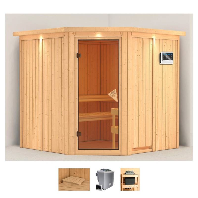 Karibu Sauna Jarin, BxTxH: 210 x 210 x 202 cm, 68 mm, (Set) 9-kW-Bio-Ofen mit externer Steuerung von Karibu