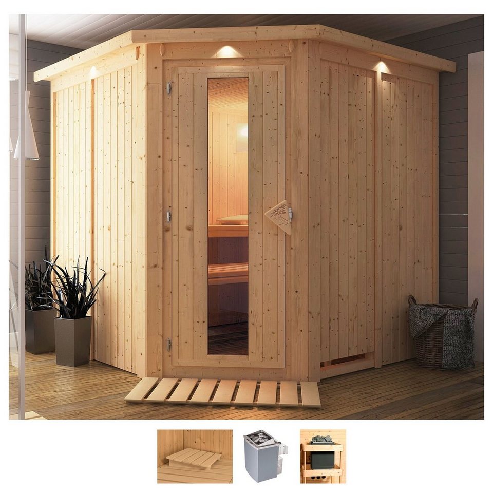 Karibu Sauna Jarla, BxTxH: 210 x 210 x 202 cm, 68 mm, (Set) 9-kW-Ofen mit integrierter Steuerung von Karibu