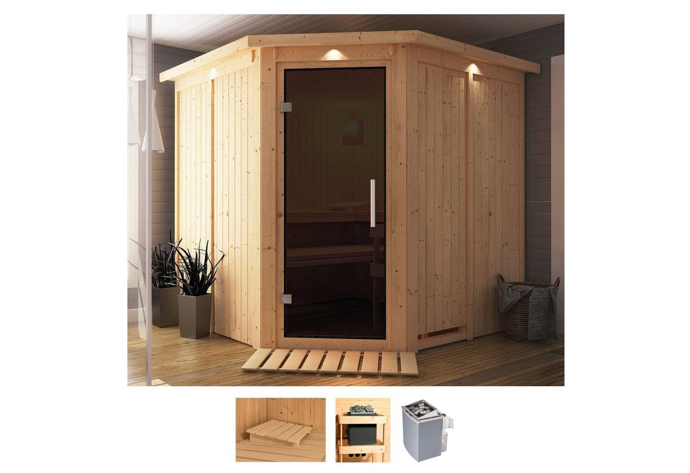 Karibu Sauna Jarin, BxTxH: 210 x 210 x 202 cm, 68 mm, (Set) 9-kW-Ofen mit integrierter Steuerung von Karibu