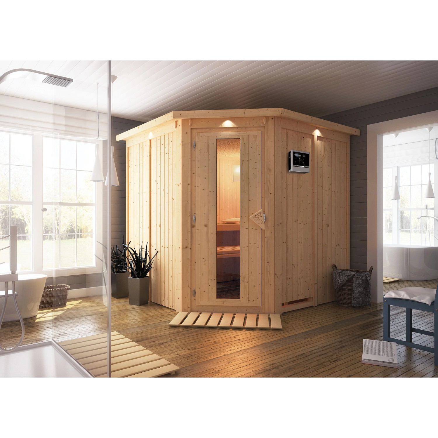 Karibu Sauna Jorma mit Bio-Ofen externe Stg.LED-Dachkranz Natur von Karibu