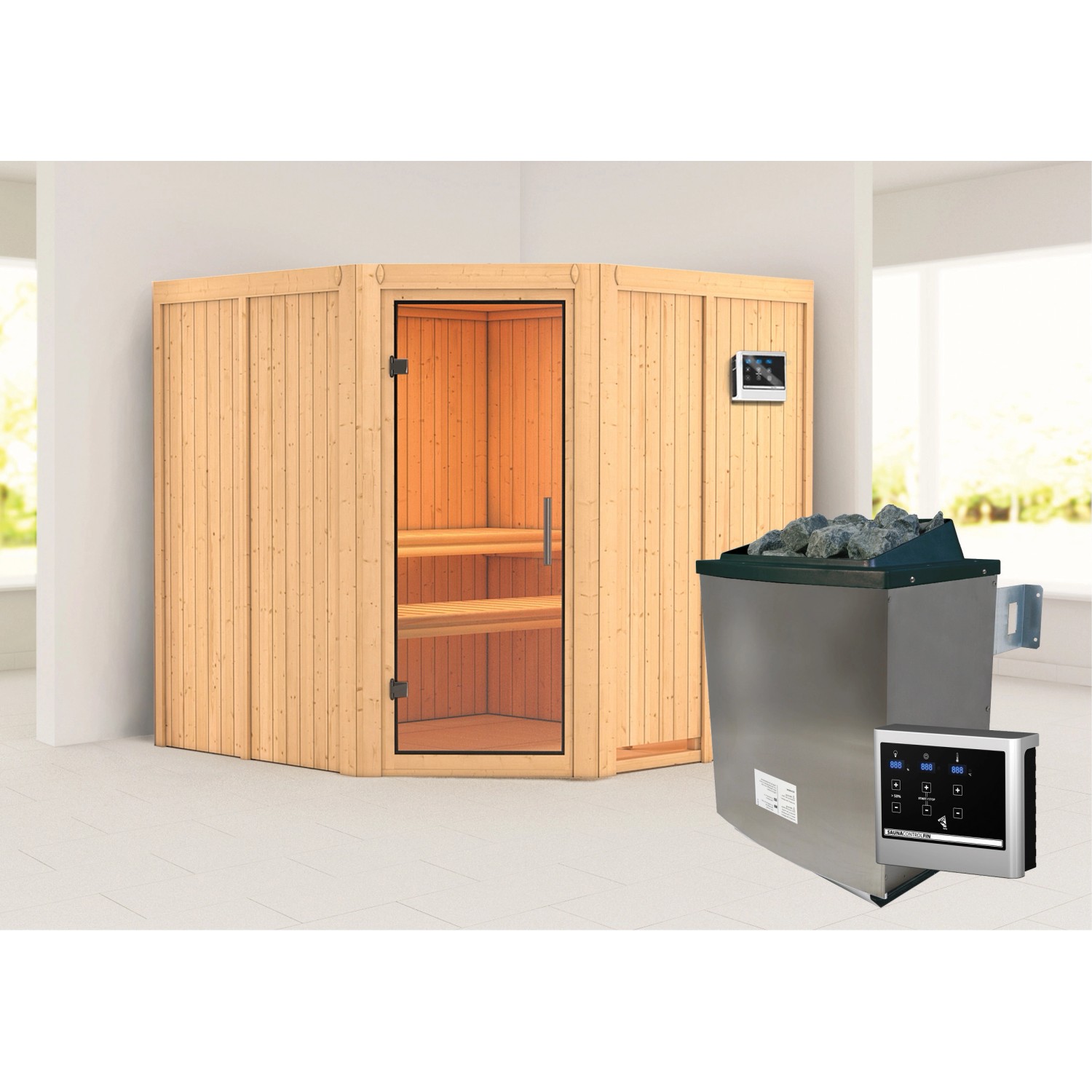 Karibu Sauna Jorma mit Ofen externe Stg.Easy Natur von Karibu