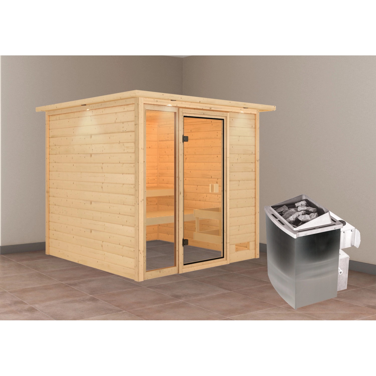 Karibu Sauna Jutta mit Ofen intergrierte Stg.LED-Dachkranz Natur Karibu Sauna Jutta mit Ofen intergrierte Stg.LED-Dachkranz Natur von Karibu