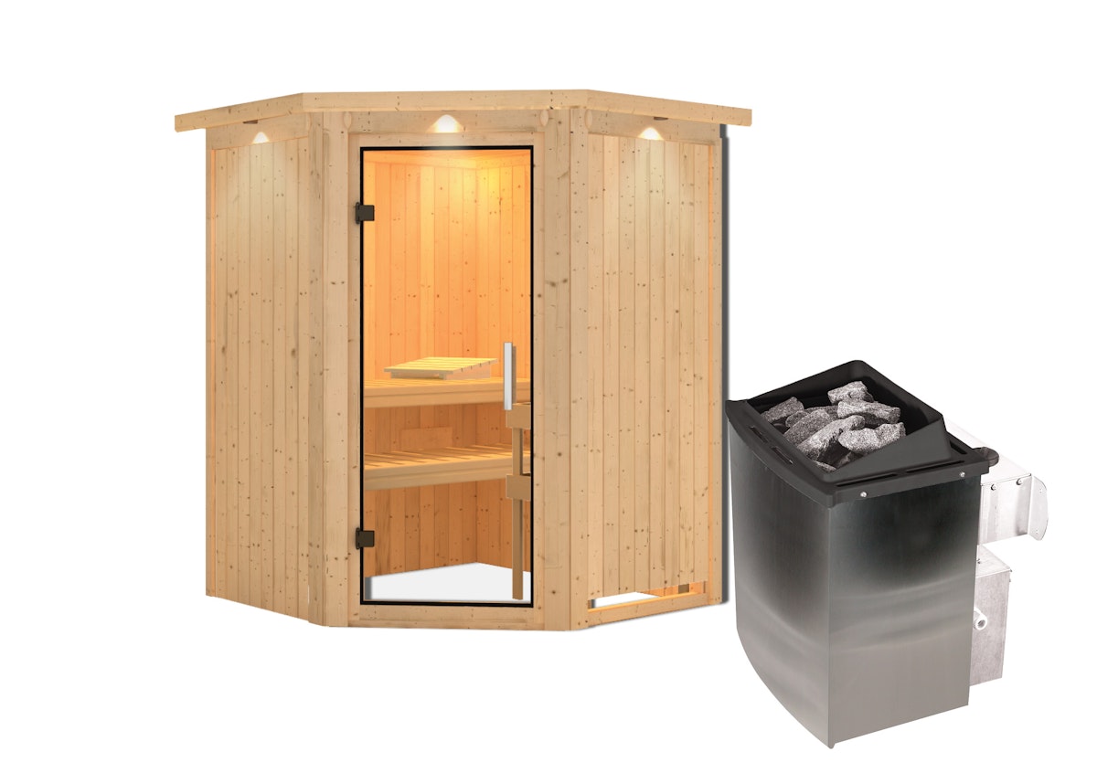 Karibu Sauna Larin mit Eckeinstieg 68 mm - 9 kW Ofen integr. Steuerung-Inkl. Dachkranz-Klarglas Ganzglastür von Karibu