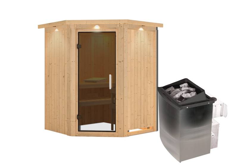 Karibu Sauna Larin mit Eckeinstieg 68 mm-9 kW Ofen integr. Steuerung-inkl. Dachkranz-Ganzglastür in Graphit-Optik von Karibu