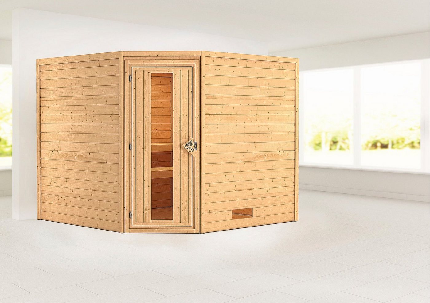 Karibu Sauna Leona" mit Energiespartür naturbelassen, BxTxH: 231 x 231 x 198 cm, 38 mm, aus hochwertiger nordischer Fichte" von Karibu
