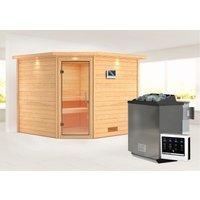 Karibu Sauna ""Leona" mit Klarglastür und Kranz Ofen 9 kW Bio externe Strg modern", aus hochwertiger nordischer Fichte von Karibu