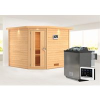 Karibu Sauna ""Leona" mit Kranz und Energiespartür Ofen 9 kW Bio externe Strg modern" von Karibu